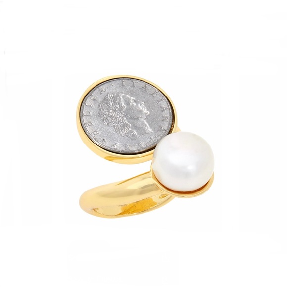 Bellezza 50 Lira Coin and Cultured Pearl Bypass Ring - Picture 6 of 6